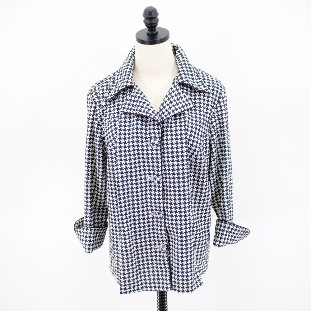 DAMAGED Dress Barn Woman 1X White Green Black Houndstooth Overcoat Polyester Spa